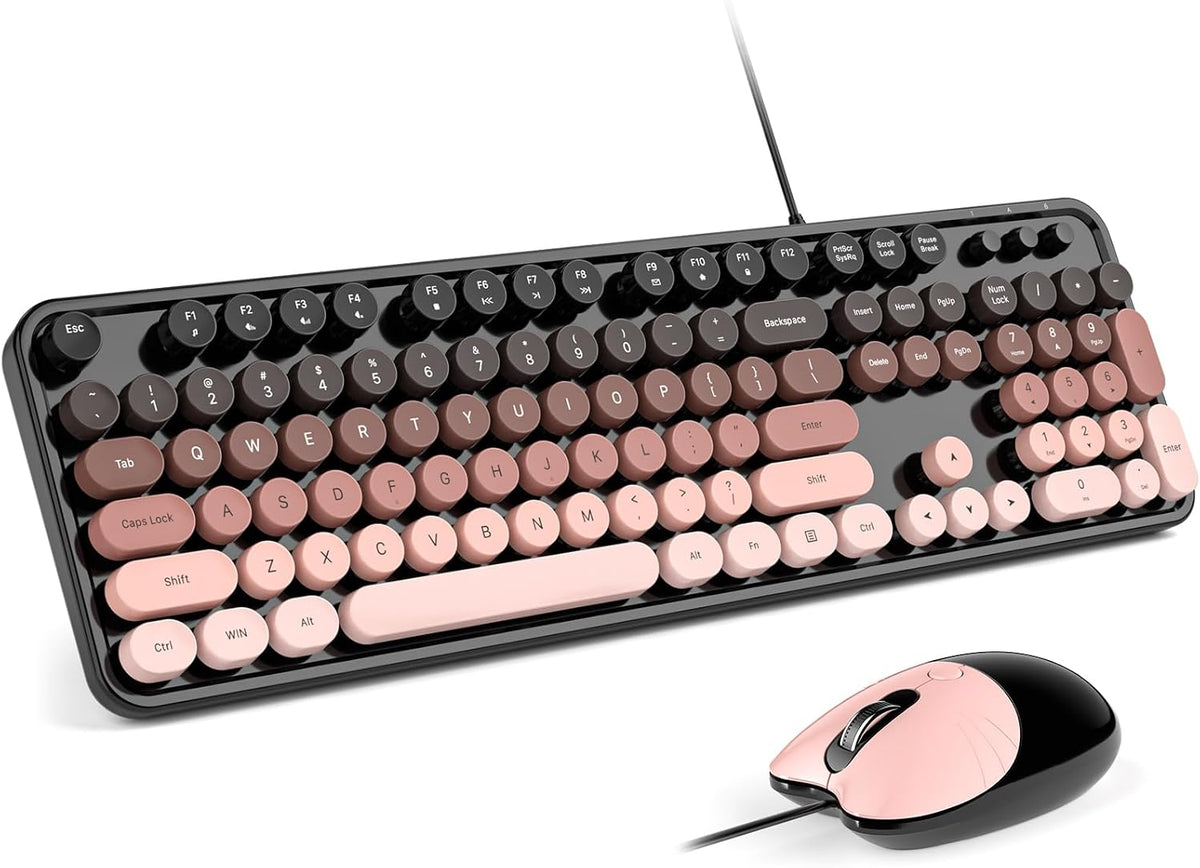 MOFII Wired Retro Typewriter Keyboard and Mouse Combo, Full Size USB Plug & Play for Windows PC Laptop- BlackBerry Gradient