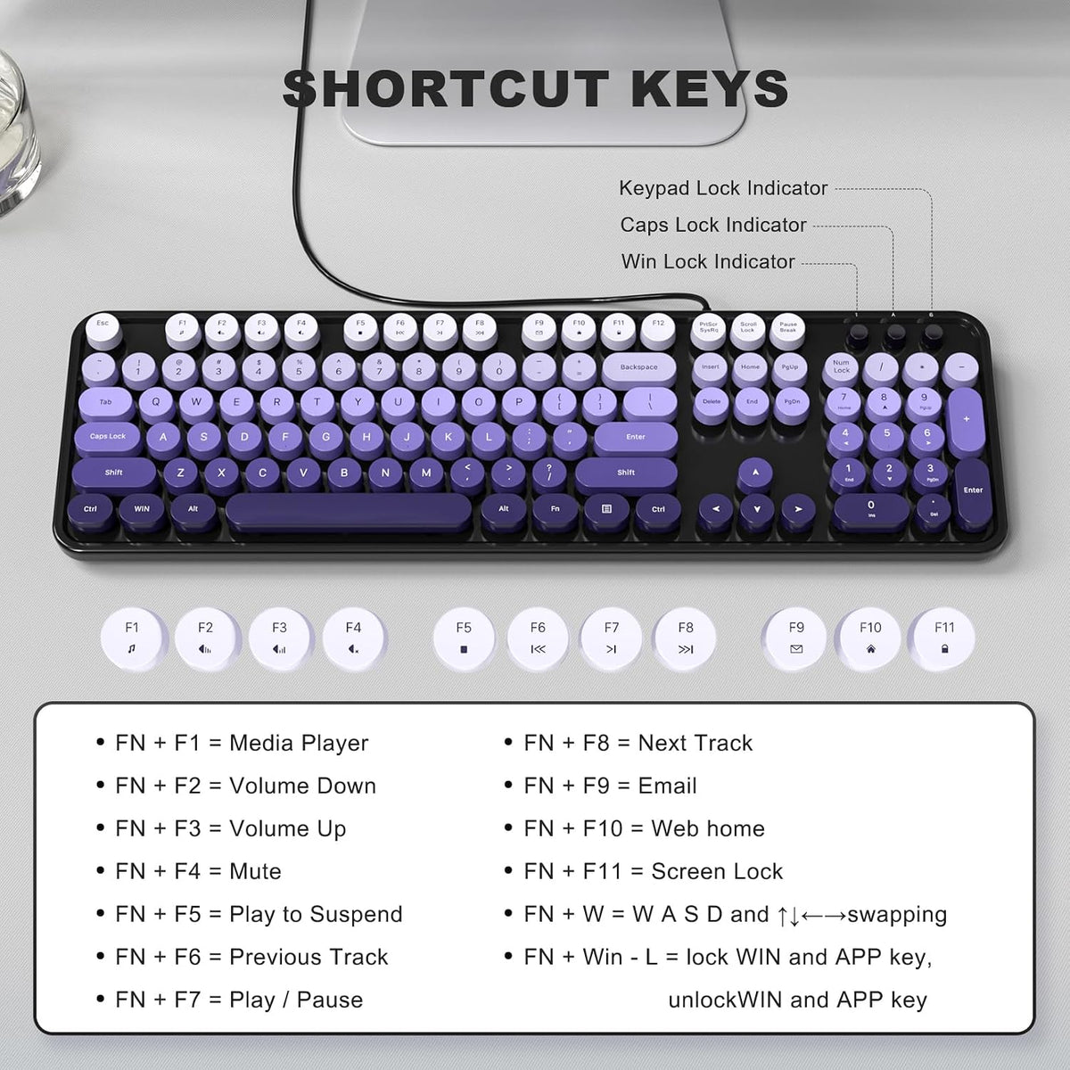KNOWSQT Wired Computer Keyboard - Blackpurple Colorful Retro Full Size Round Keycaps Plug and Play Typewriter Cute Keyboards for Windows, Laptop, PC, Desktop, Computer