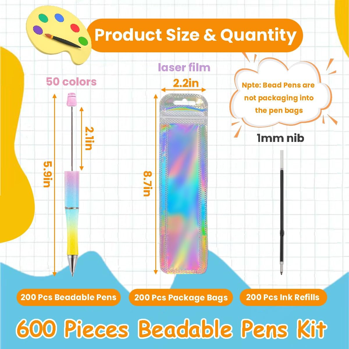 600 Pieces Beadable Pens Kit, 200 Beadable Pens Bulk with 200 Refills + 200 Pen Bags, DIY Black Ballpoint Ink Bead Pens Bulk for School Office Accessories Supplies (50 Colors)