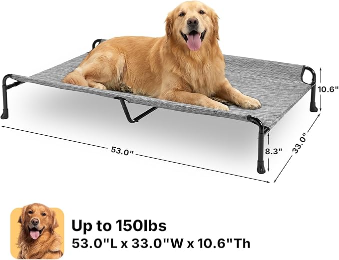 Veehoo Outdoor Dog Bed, 53" XXL Raised Dog Bed, Elevated Dog Bed with Headrest, Washable Cooling Dog Cot with Non-Skid Feet, Breathable Mesh, Portable Pet Hammock for Indoor or Camping, Black Silver