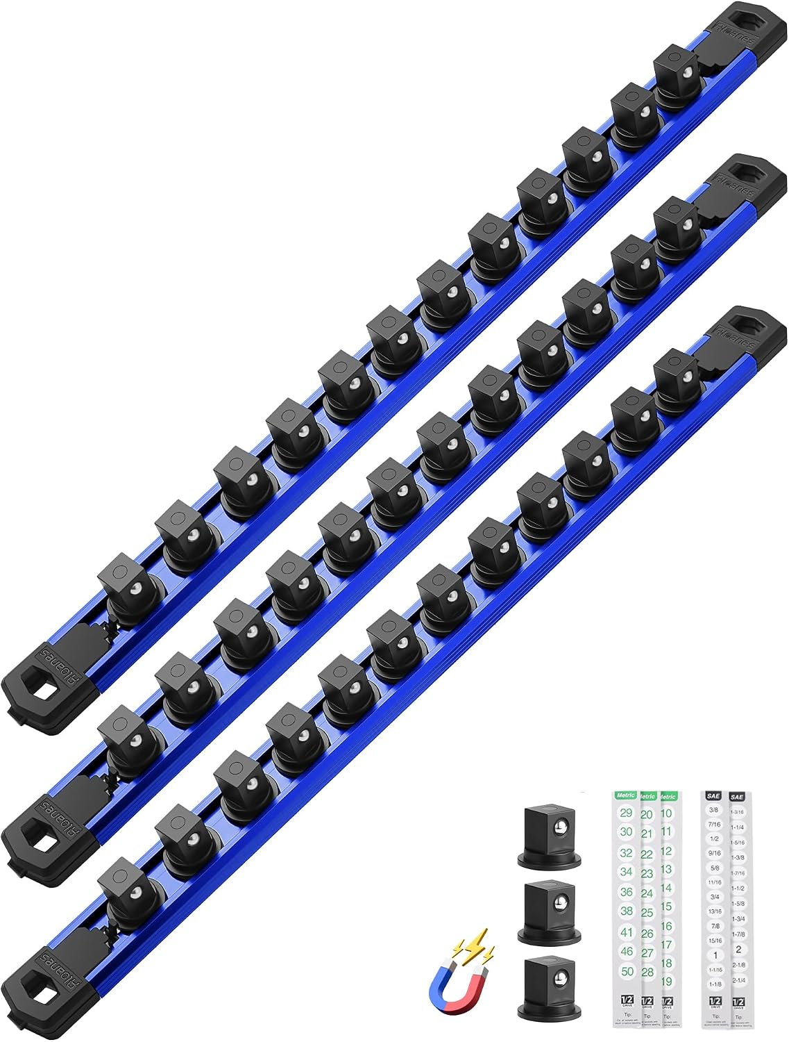 ALOANES Magnetic Socket Organizer, 1/2" Rail 36 Clips (Blue, 3PC)