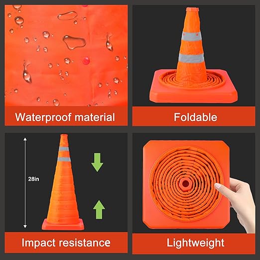 [4 Pack]28 Inch Collapsible Traffic Safety Cones with Storage Bag- Parking Cones with Reflective Collars for Road Safety, Orange Safety Cones for Parking lot, Driveway, Driving Training