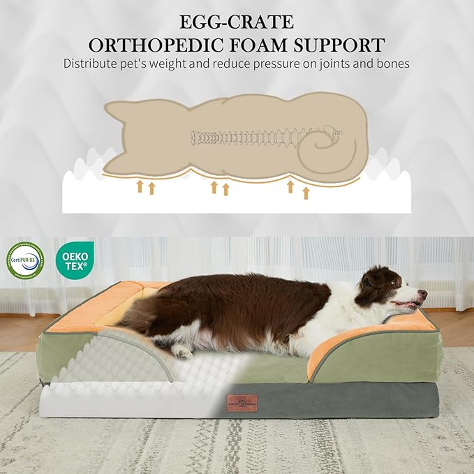 Comfort Expression Orthopedic Dog Bed for Extra Large Dogs 42x30 Inch, Waterproof Egg Crate Foam XL Pet Bed with Removable Bolsters, Dog Couch with Washable Cover & Non-Slip Bottom, Avocado