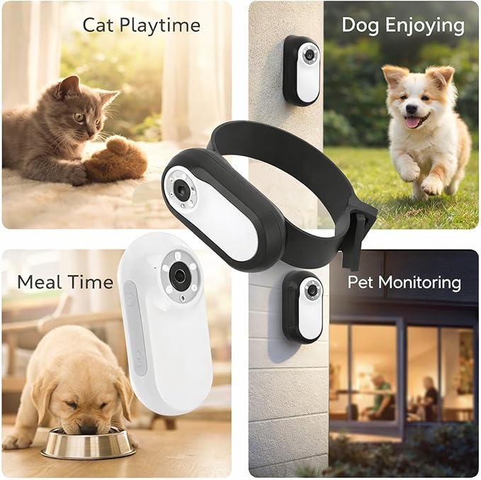 1080P Pet Camera Collar with 90° Wide Angle Lens, Mini Dog Cat Collar Camera with IPS Screen - Continuous Recording & Comfortable Silicone Fit for Outdoor Activity (White)