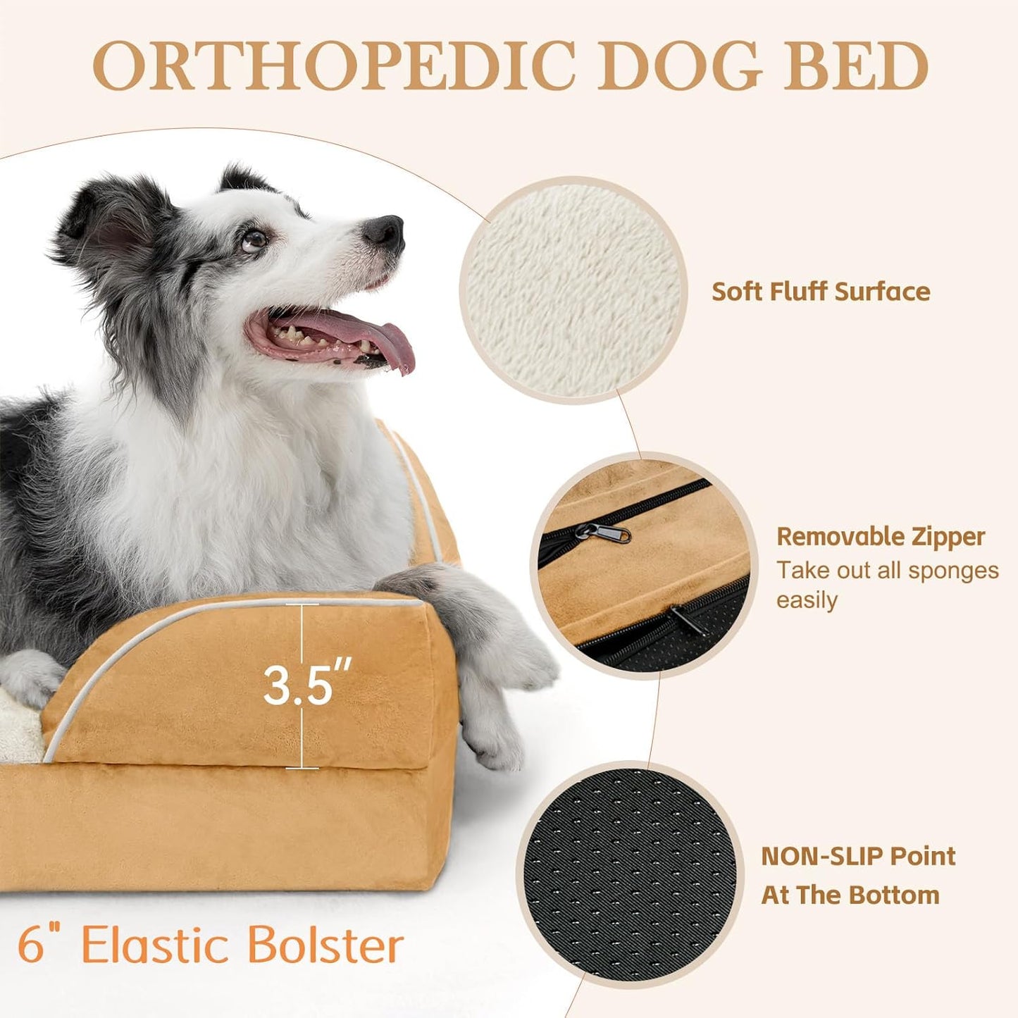 Comfort Expression Small Dog Beds Waterproof Cat Beds Orthopedic Foam Sofa Beds for Small Dogs Comfy Pet Bed with Washable Removable Cover & Non-Slip Bottom(XX-Small,Khaki)