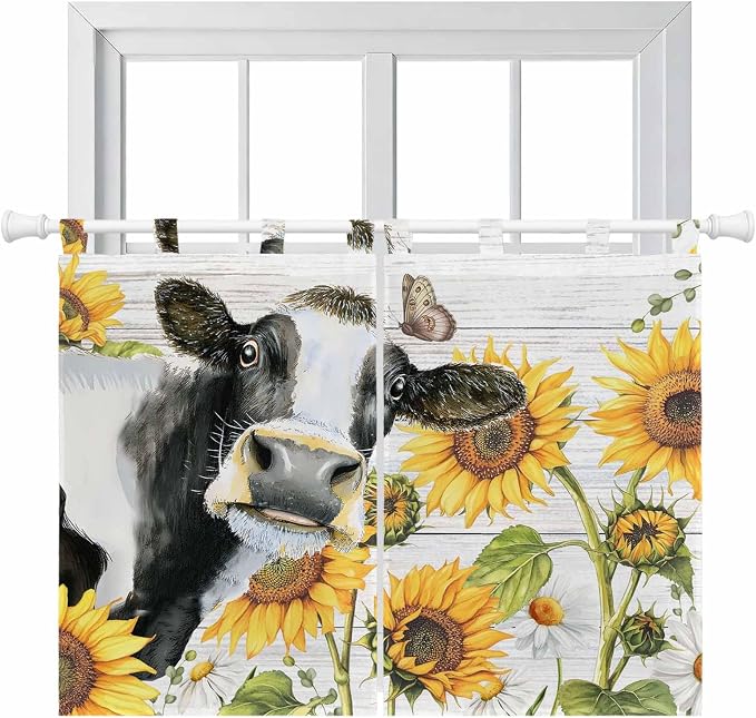 Retro Farmhouse Floral Kitchen Curtains 45 Inch Length, Short Cafe Window