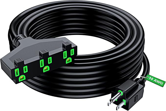 Extension Cord 50 Feet, SJTW Extension Cord with Multiple Outlets, 14 Gauge (Black) ETL Listed