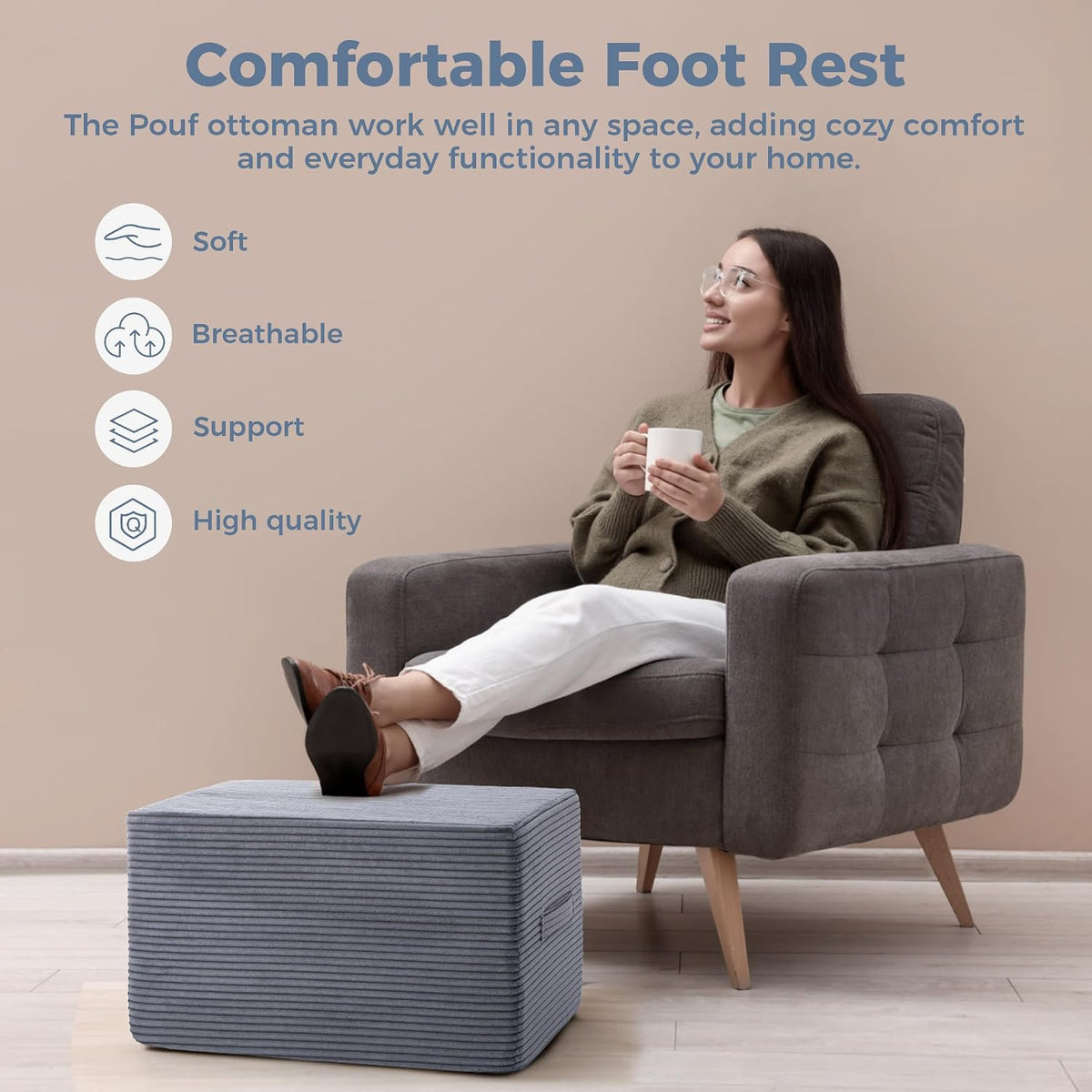Rectangular Pouf Ottoman, Foam-Filled Footrest, Dark Gray