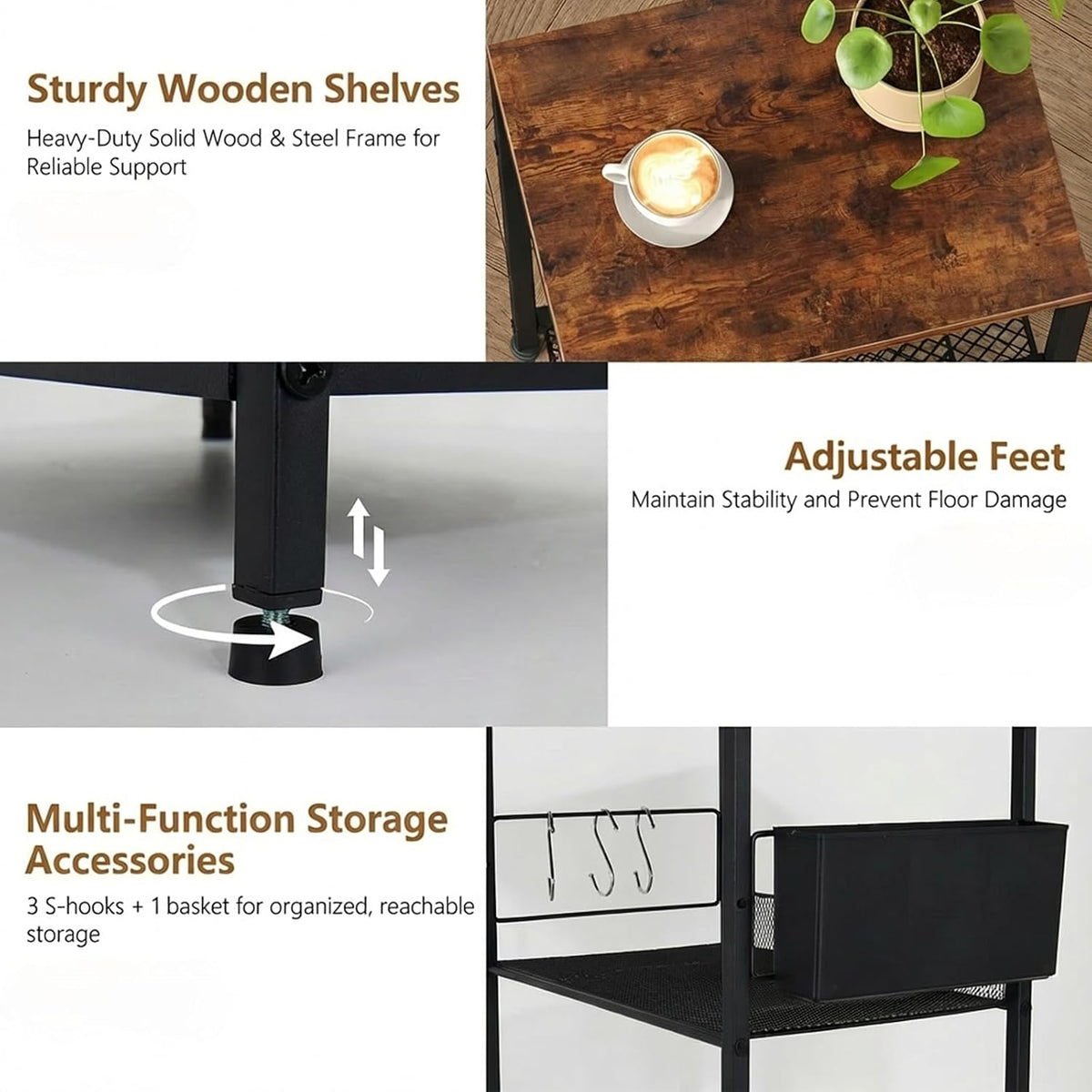 ECOLOVI Small 3 Tier Printer Stand for Under Desk, Height Adjustable Shelf Printer Table with 3 S-Hooks & Basket, Heavy Duty Industrial Storage Shelf for Home Office (Rustic Brown)