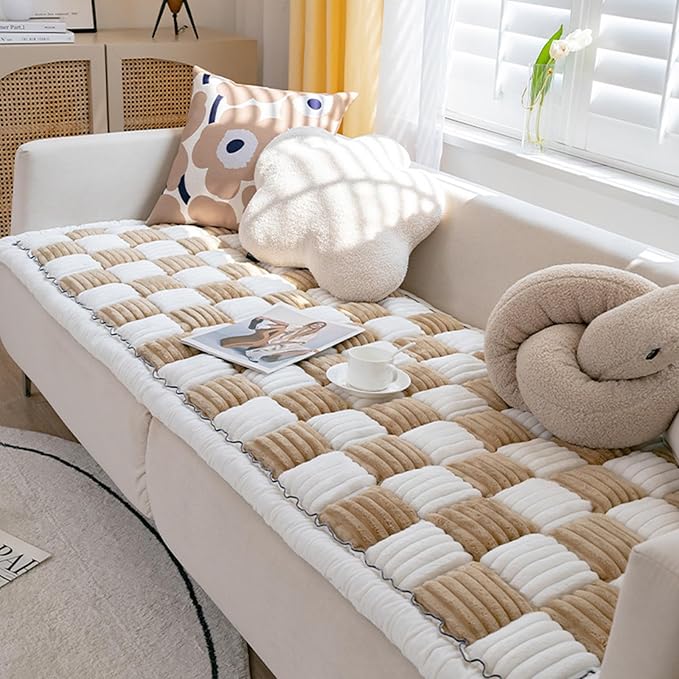 FunnyFuzzy Cream-Coloured Plaid Square Pet Mat Bed Couch Cover, Winter Thickened Dog Bed Cover Pet Blanket Sofa Couch Furniture Protector for Kids Dog Cat(Size:27.6 * 59.06 in,Color:Brown)