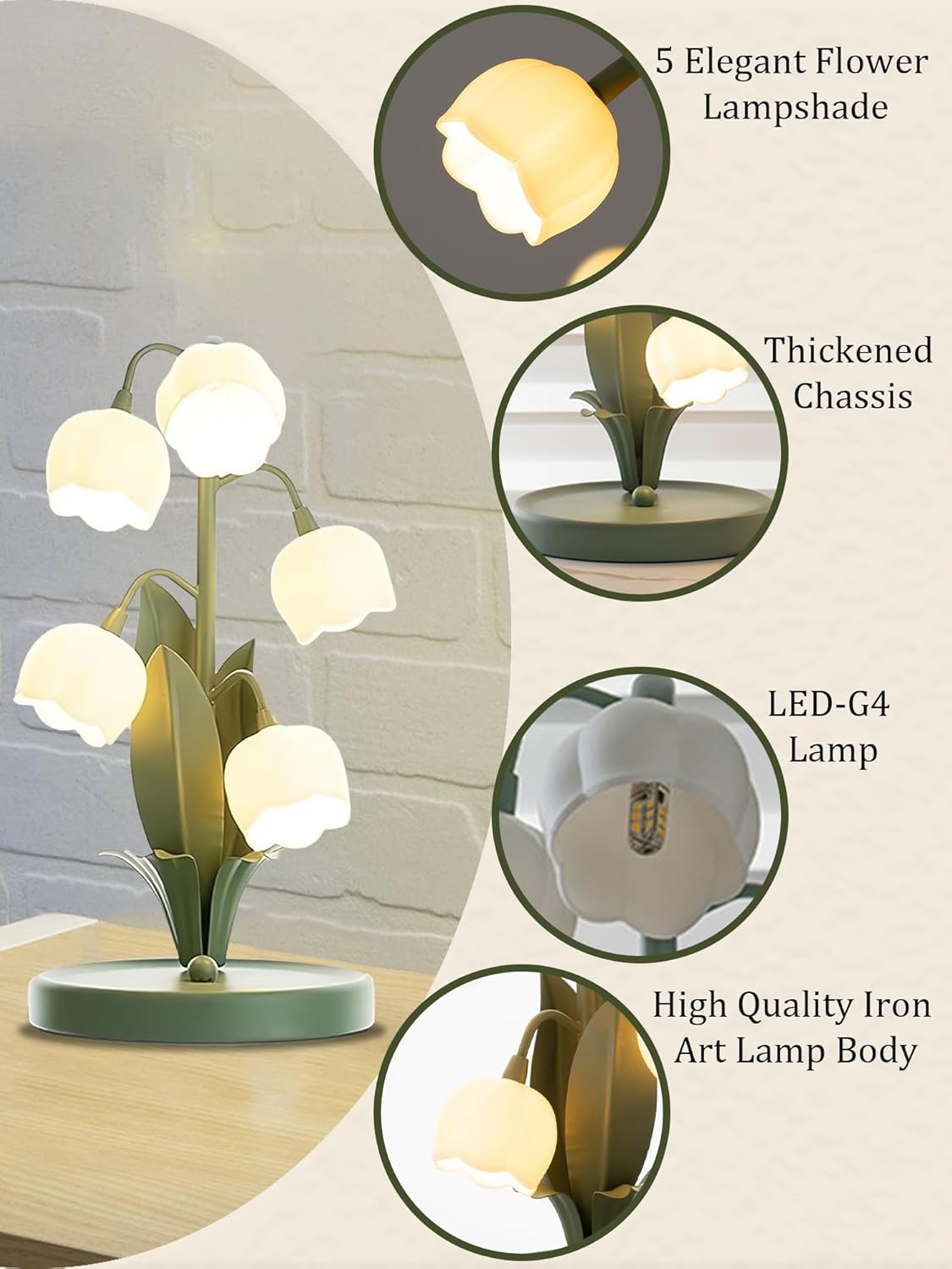 Green Flower Lamp for Home,5 Lily of The Valley Vintage Table Lamps