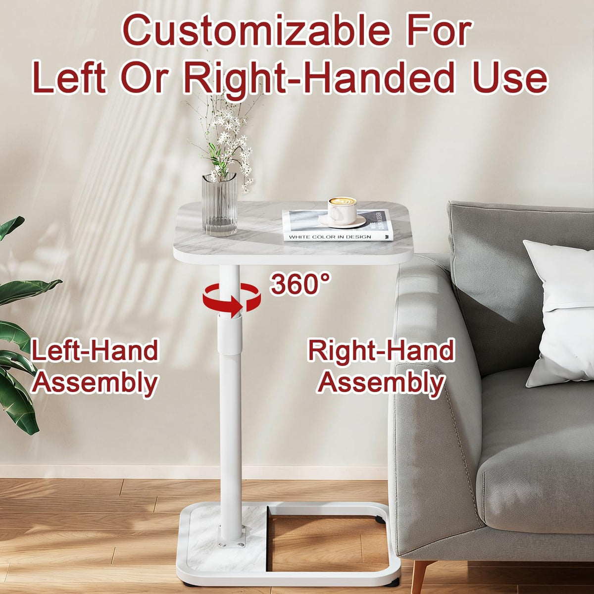 GOYLSER C Shaped Tv Trays Living Room End Table End Stand, White Marble Minimalist Wooden C Table for Sofa, Height Adjustable Tv Tray Tables Side Table for Dinner Eating