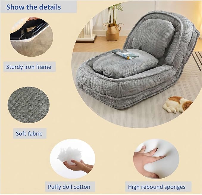 Adjustable 5-Position Human Dog Bed for People, Big Comfy Plush Floor Gaming Lazy Sofa Chair with Pillows & Back Support, Foldable Lounge Loveseat Couch for Living Room Bedroom (Gray)