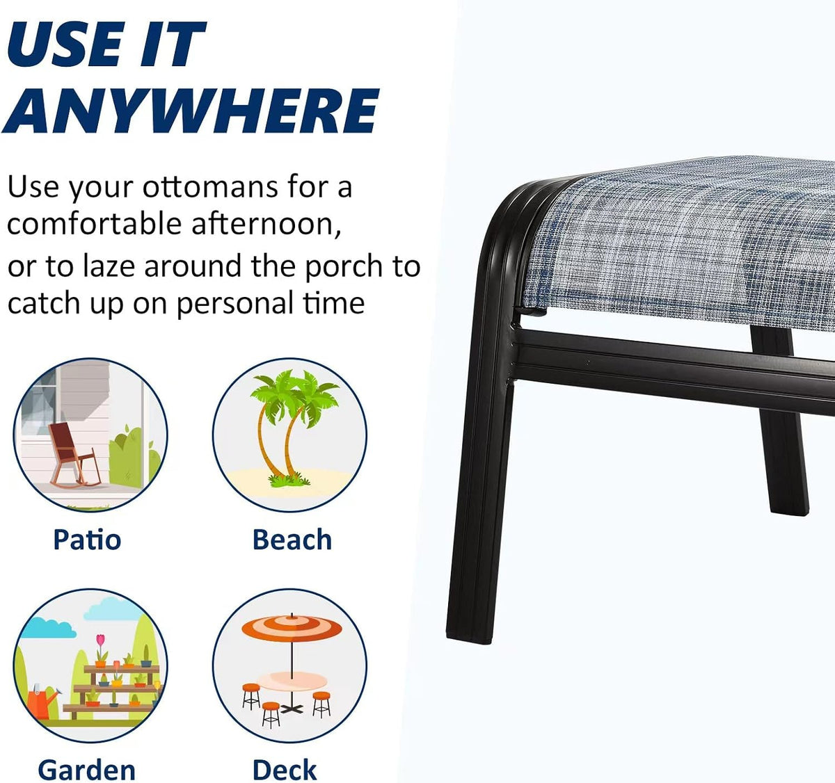 Outdoor Footstools for Patio,Textile Ottomans Metal Dining Footrests Stack Chairs for Lawn,Garden or Porch 2 Set Blue