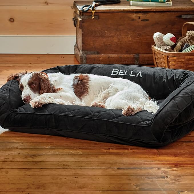 Orvis ComfortFill-Eco Bolster Dog Bed - Plush Rectangular Dog Beds with Three-Sided Bolster for Leaning, Slate - M