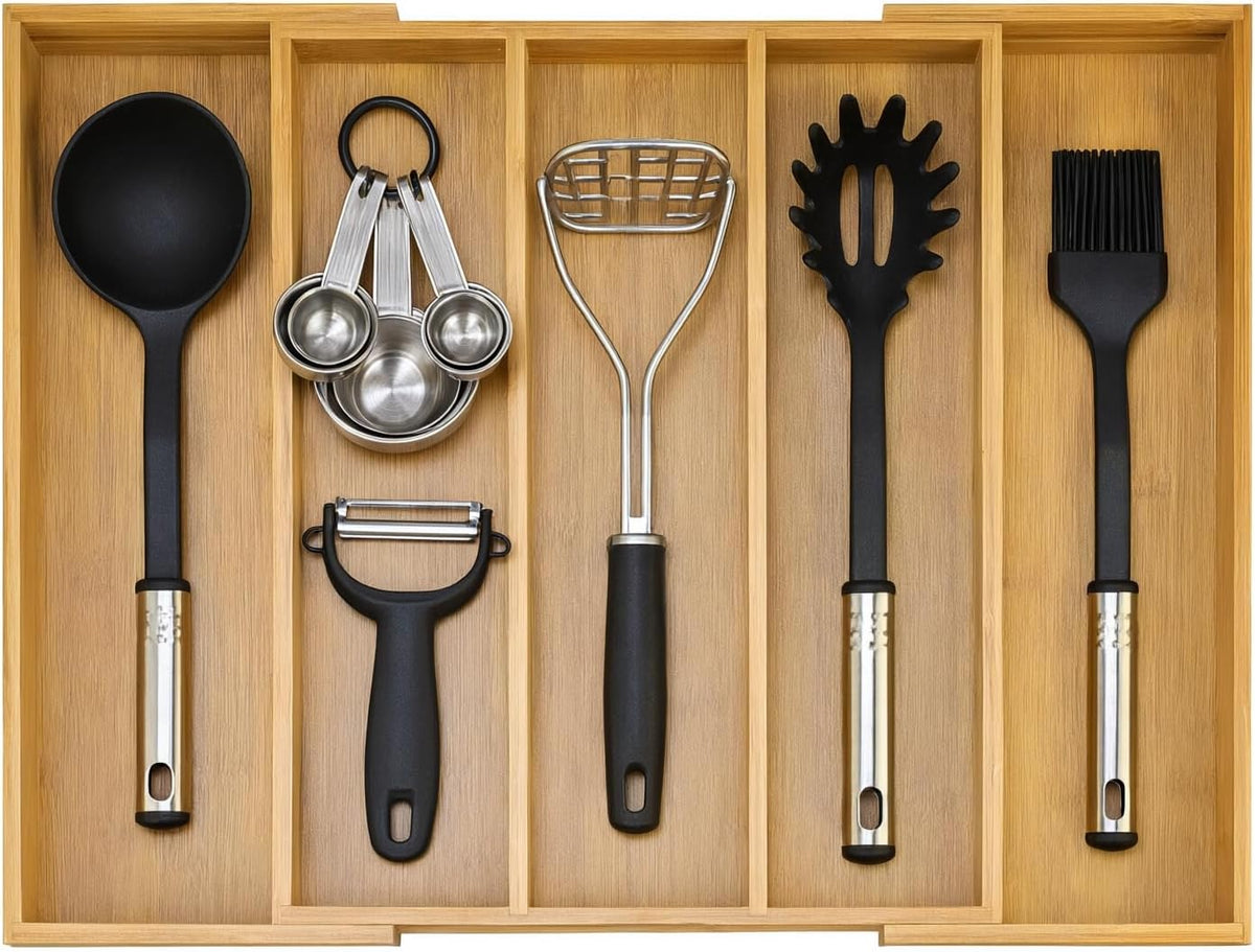 Expandable Bamboo Silverware Drawer Organizer, Adjustable Cutlery Tray