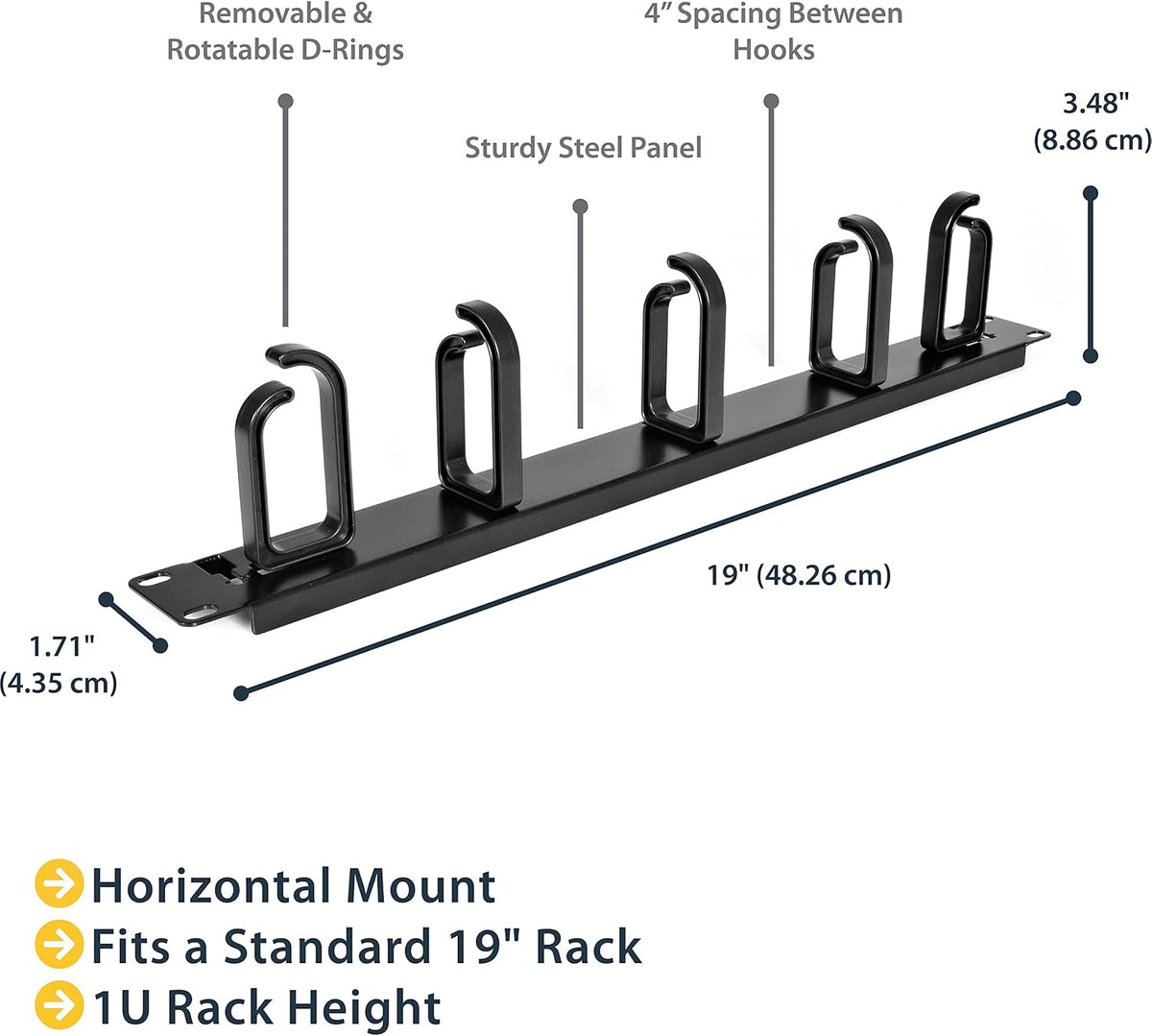 StarTech 1U 19in Rack Cable Management Panel, D-Ring, Metal (CABLMANAGER2)