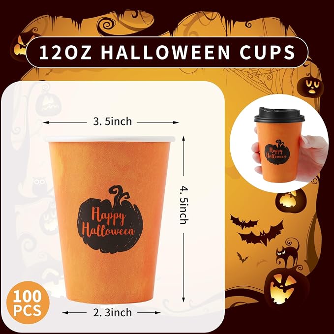 Tamone 100 PACK Halloween Cups 12OZ Disposable Coffee Cups