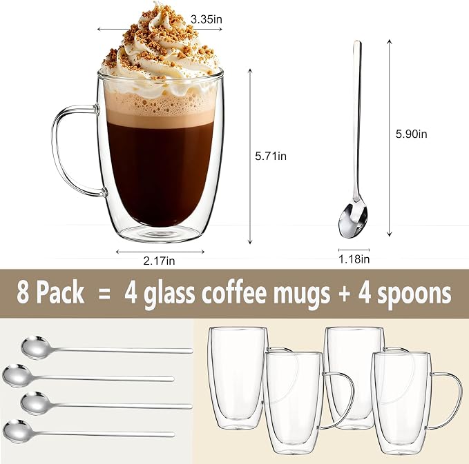 DINGPAI 15 oz Double Walled Glass Coffee Mugs, Large Coffee Mug