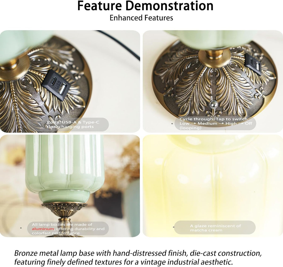 Vintage Milk Glass Table Lamp, Antique Brass Touch Desk Lamp, Green 3-Way