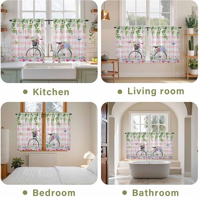Spring Tier Curtains, Bicycles Leaves Butterfly Flowers Pink Buffalo Plaid
