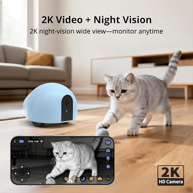 Pet Camera Robot with Treat Dispenser & Laser Toy, Motion Detection, HD Video, Night Vision, 2-Way Audio, Mobile Feeder for Cats & Dogs, App Control & Auto, AI Push with Subscription
