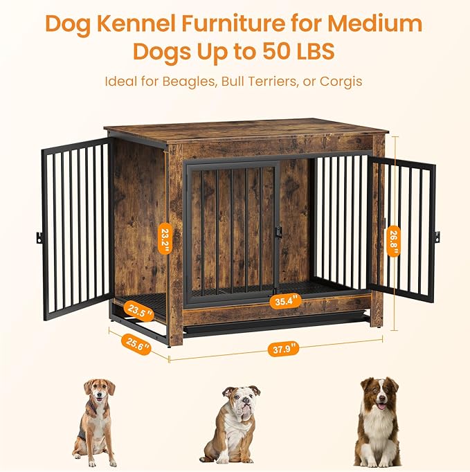 Dog Crate Furniture, 38 Inch Indoor Dog Kennel for Medium Dogs Up to 50 LBS, Heavy Duty Wooden Pet Cage End Table with 3 Doors, Alloy Steel Frame & Removable Tray