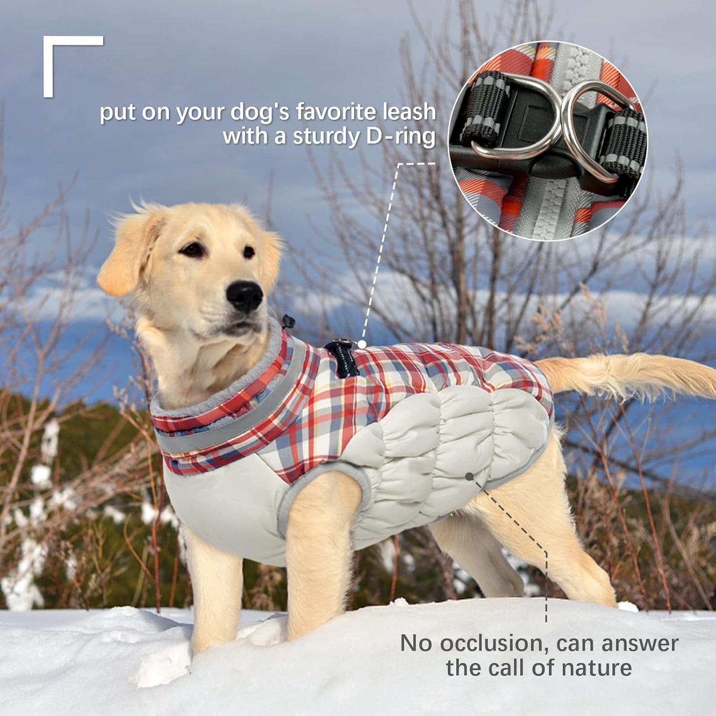 FUAMEY Dog Coat for Small Dogs,Waterproof Dog Winter Jacket with Harness Built in Puppy Cold Weather Coats Reflective Pet Vest with Zipper Warm Fleece Dogs Snowsuit Windproof Red Plaid S
