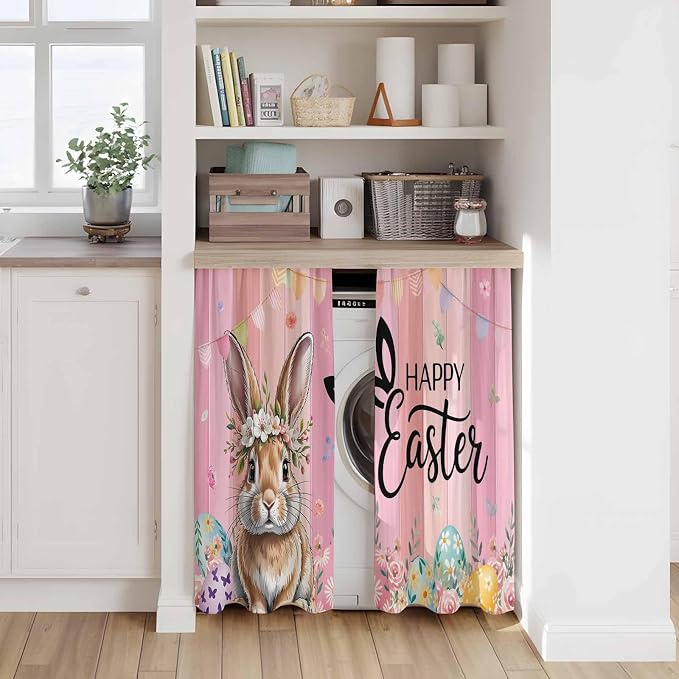 Easter Tier Curtains, Spring Rabbit Eggs Flowers Flags Leaves Wood Grain Light