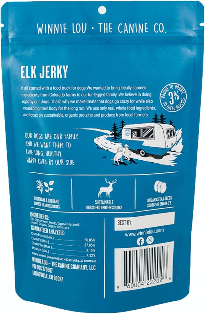 Winnie Lou Elk Jerky Dog Treats – Limited Ingredient, Human Grade, Training Treats for Small, Medium & Large Dogs, USA Made, High Protein, Chews, Hypoallergenic, Sensative Stomach (1 Pack)