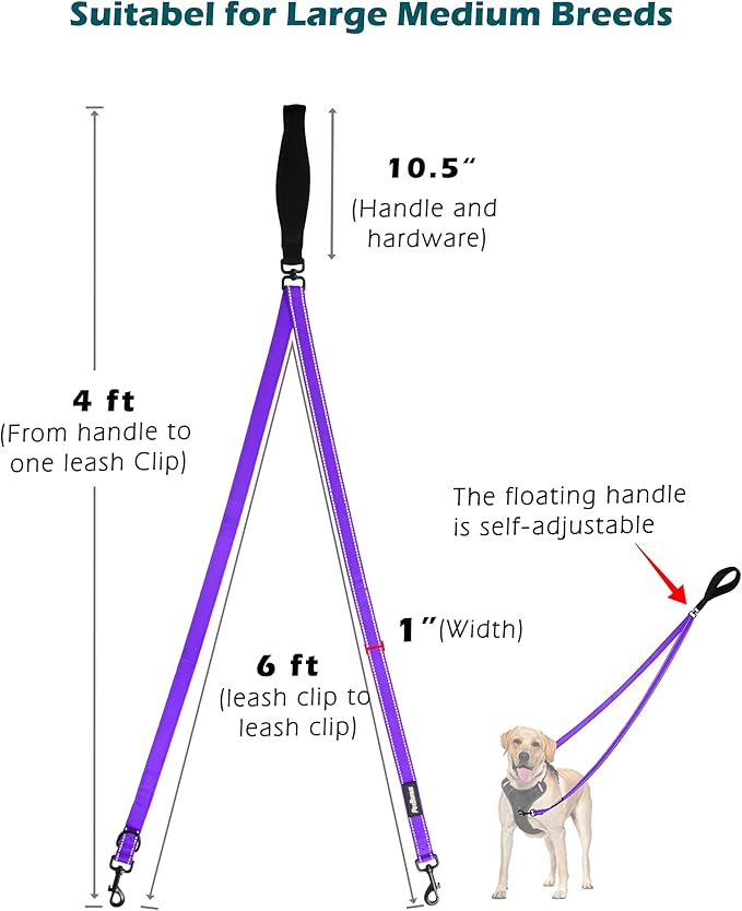 PetBonus Two Point Control Dog Leash, Works with No Pull Harnesses, No Tangle Training Leashes, Soft Padded and Reflective Walking Lead, Converts to Single Lead for Medium Large Dogs (Purple)