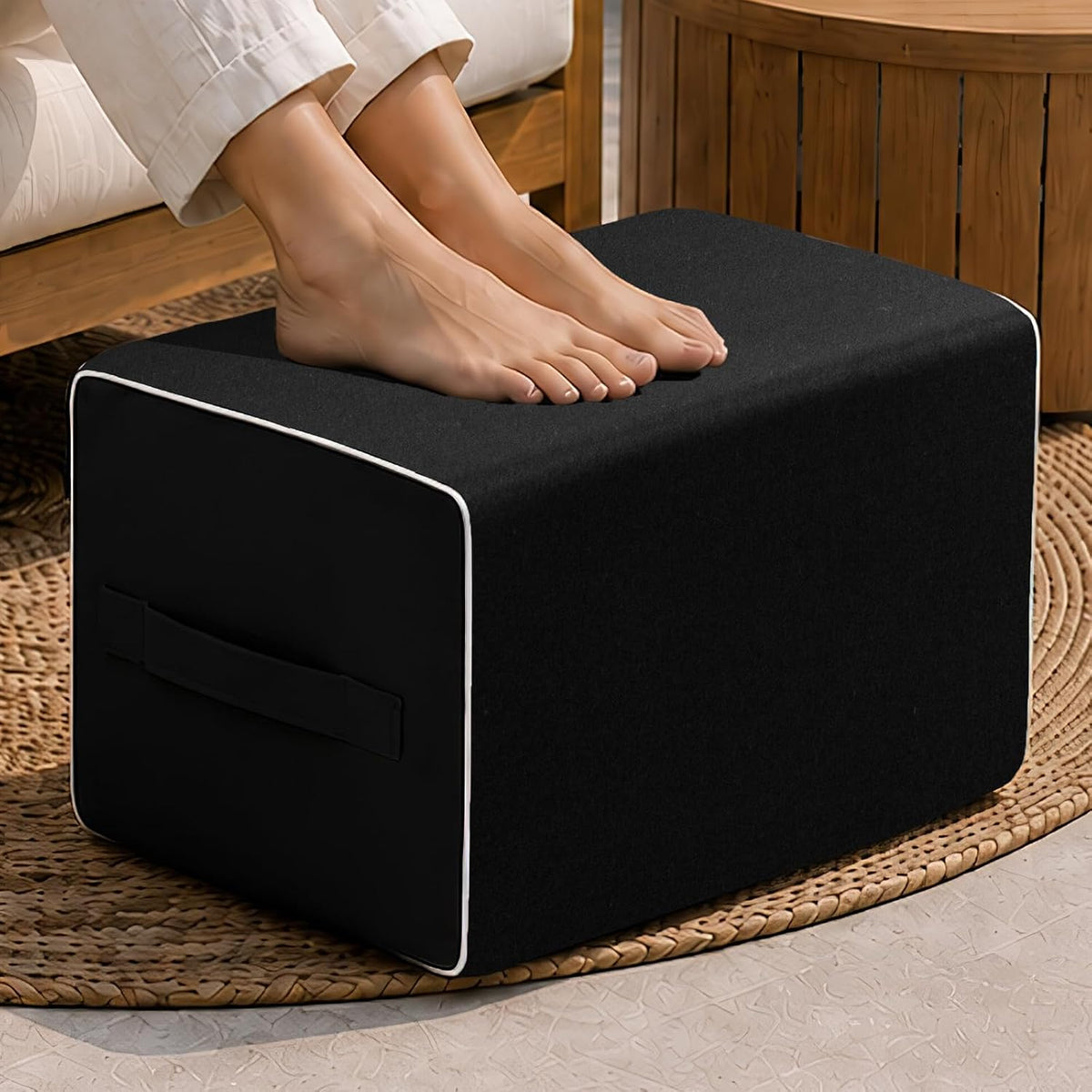 Patio Outdoor Ottoman & Footrest Pouf – All-in-One Foam-Filled Design, Weather-Resistant Zippered Removable Cover, Rectangular Shape (22" x 16" x 14") (Black)