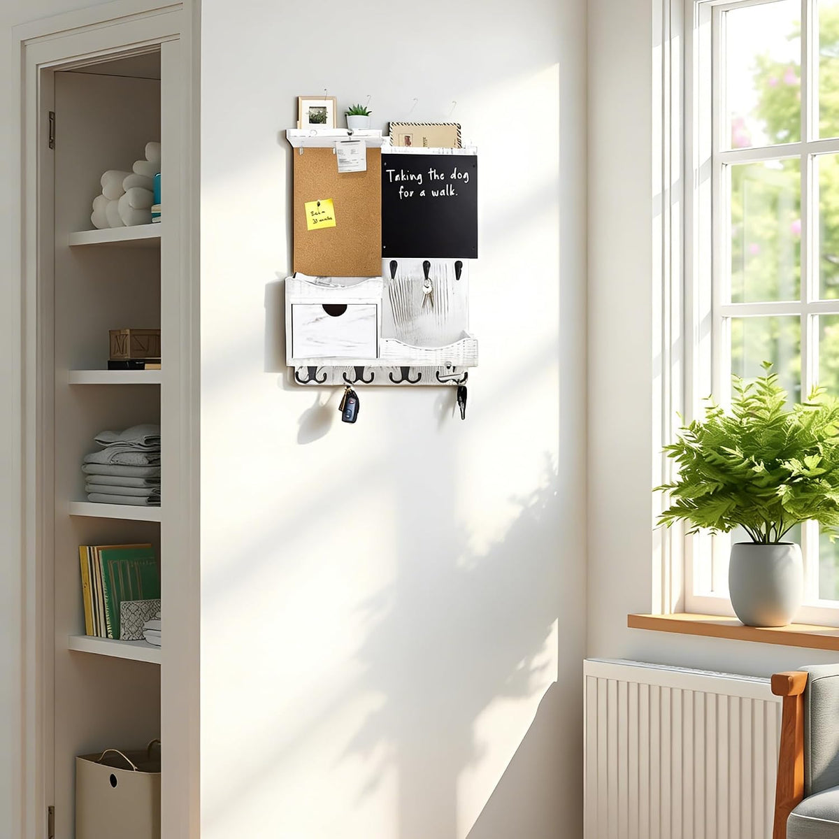 Key Holder Wall Mount with Drawer and Mail Organizer, Whitewashed