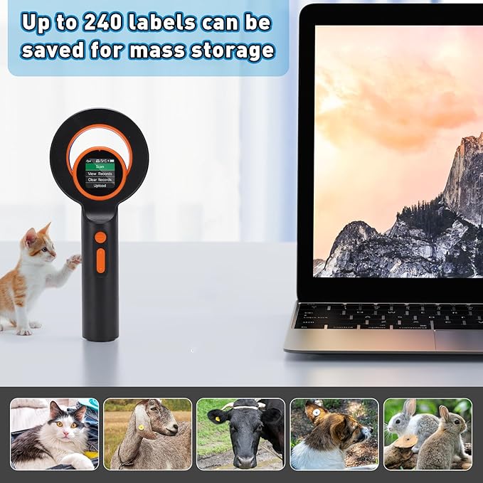 Portable Pet Chip Reader, EMID FDX B Tag Scanner 1.44 Inch TFT Screen, 2.4GHz Wireless with USB, BT Connectivity, 240 Tag Records, 1800mAh Rechargeable Battery, Plug and Play