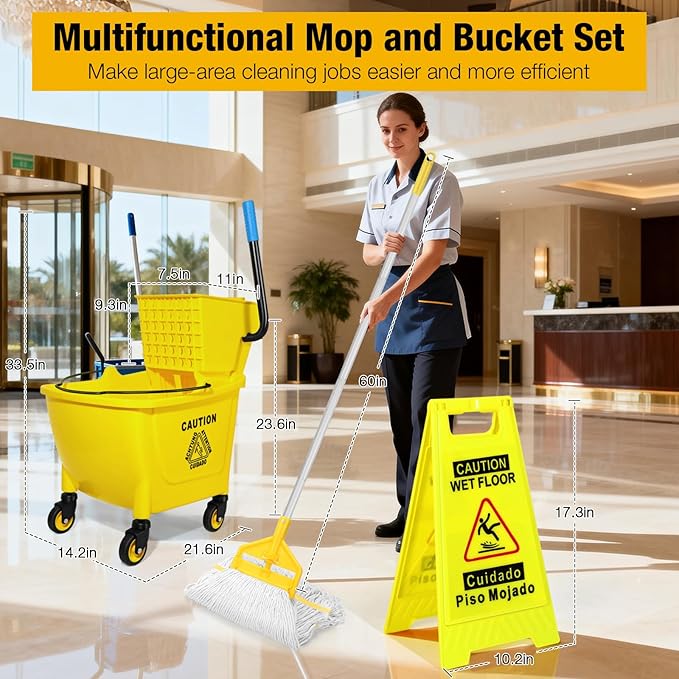 35 Qt Commercial Mop Bucket with Side Press Wringer on Wheels,Heavy Duty Industrial Mop and Bucket Set for Floor Cleaning,Including 1 Wet Floor Caution Sign for Household,Business,Yellow