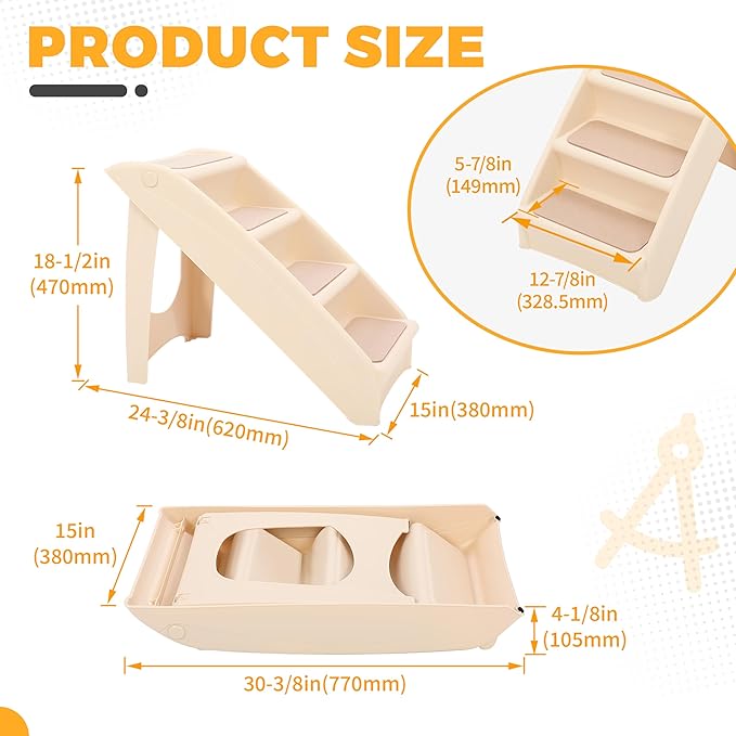 Kojem Foldable Pet Stairs Dogs & Cats Steps for High Bed Couch Truck SUV 4 Non-Slip Steps with Support Frame Indoor Outdoor Portable Pet Ladder Beige PP