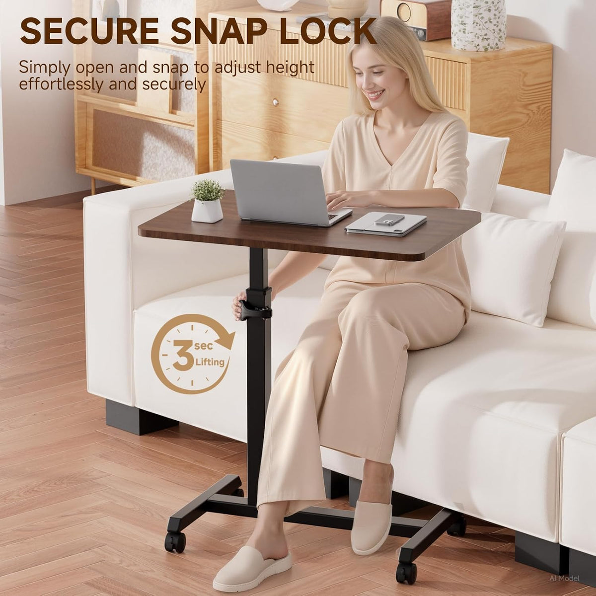 COMHOMA Adjustable Overbed Bedside Table with Lockable Wheels, Foldable Mobile Rolling Laptop Desk, Height Adjustable Standing Desk Bed Table for Hospital and Home Use, Walnut
