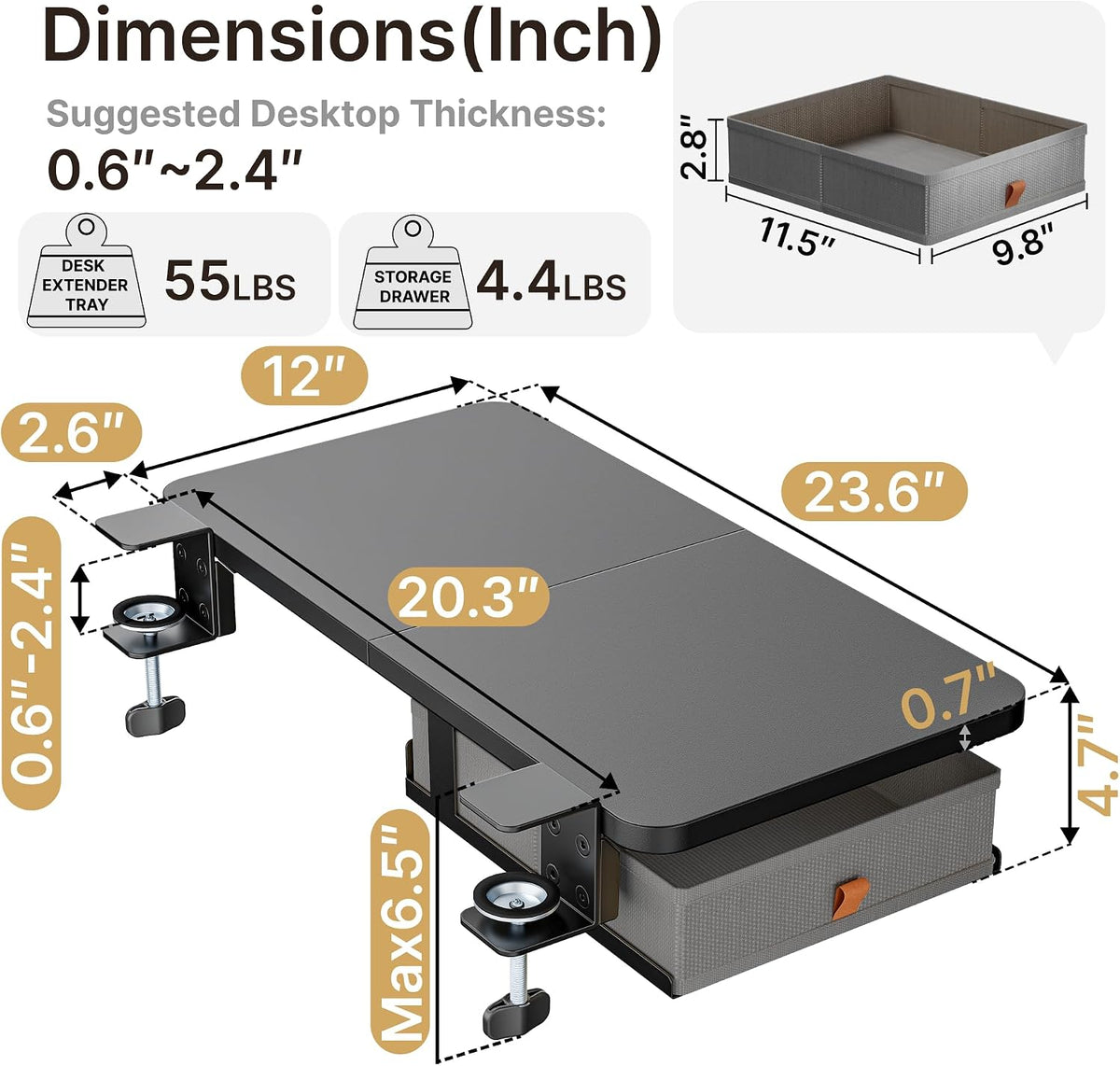 PEGZONE Desk Extender Tray, 24" x 12", with Storage Drawer, Medium, Black