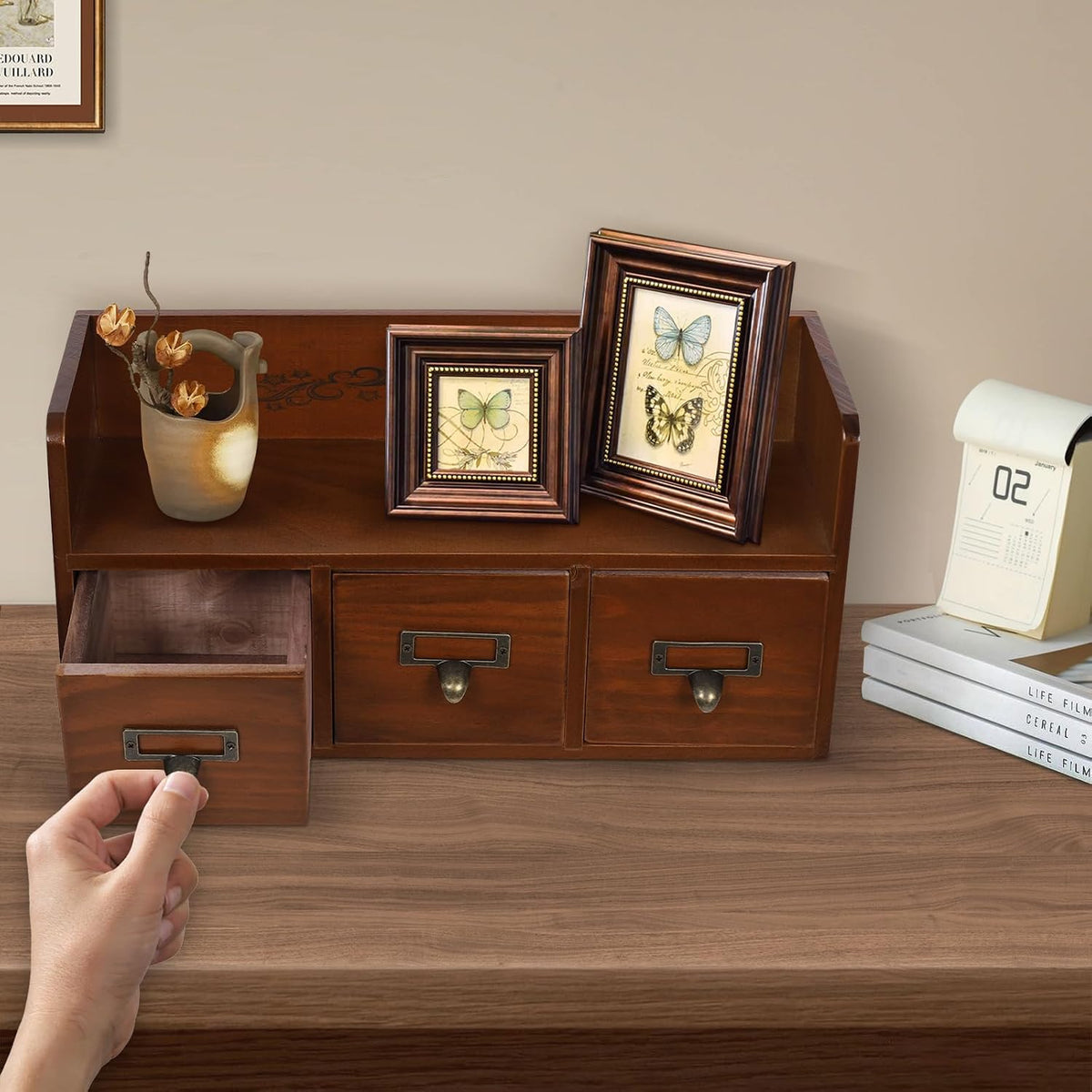 Desk Organizer with 3 Drawers, Wooden Apothecary Cabinet Desktop Storage Shelf File Holder with Label Boxes, Makeup Organizer Filing Case for Office Bedroom Home, L15.2*W5.7*H7.3in