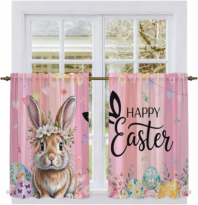 Easter Tier Curtains, Spring Rabbit Eggs Flowers Flags Leaves Wood Grain Light