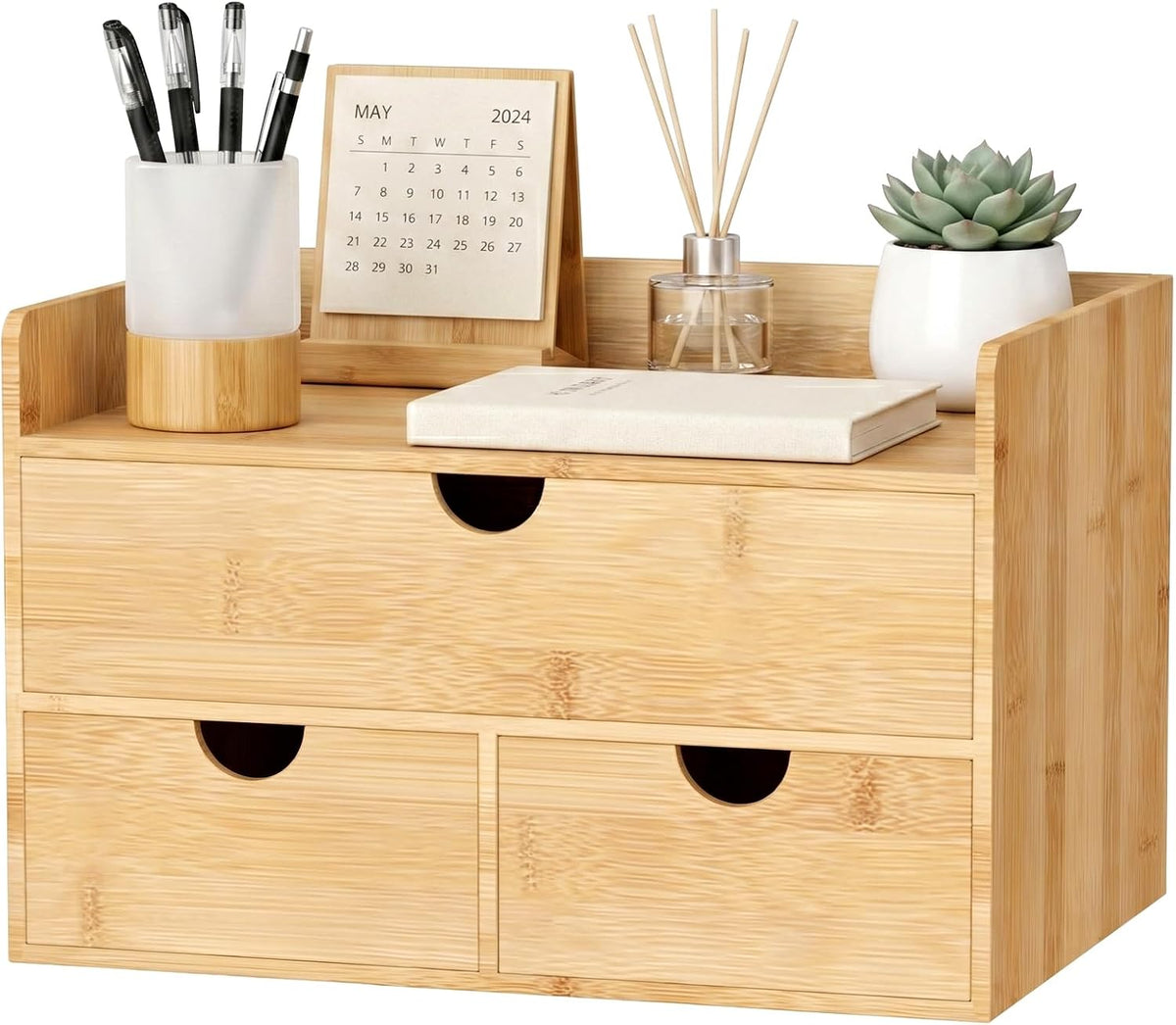 Bamboo Desk Organizer with Drawers, Desktop Storage for Office Supplies