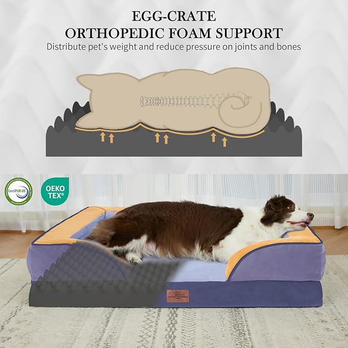 Comfort Expression Orthopedic Dog Bed for Large Dogs 36x27 Inch, Waterproof Egg Crate Foam Large Pet Bed with Removable Bolsters, Dog Couch with Washable Cover & Non-Slip Bottom, Twilight Wave