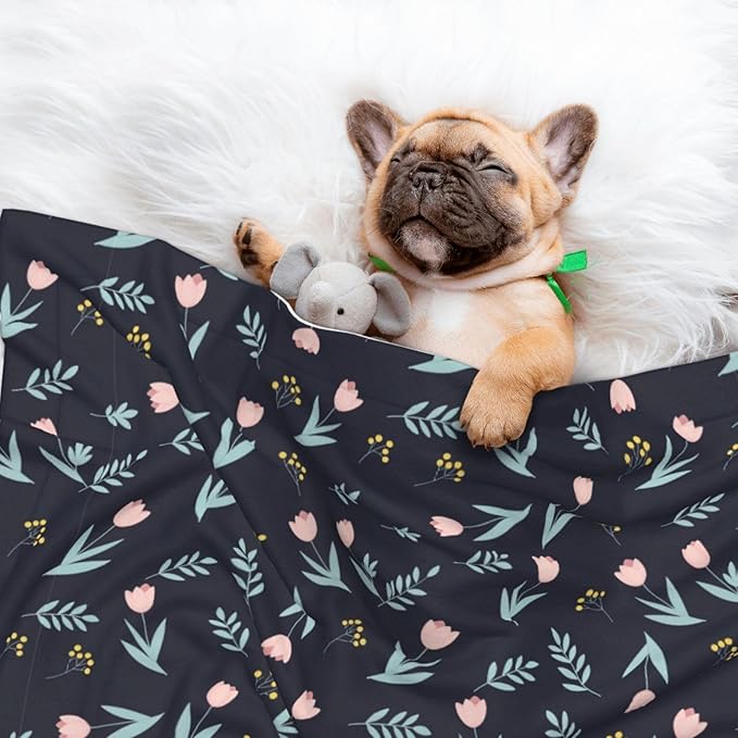 Reversible Plush Throw for Dogs and Cats, Shabby Chic Floral Tulips Flower Pink, Double Sided Blanket with Nubby Dot Side and Sleek Side Ideal for Cuddling Nesting Security