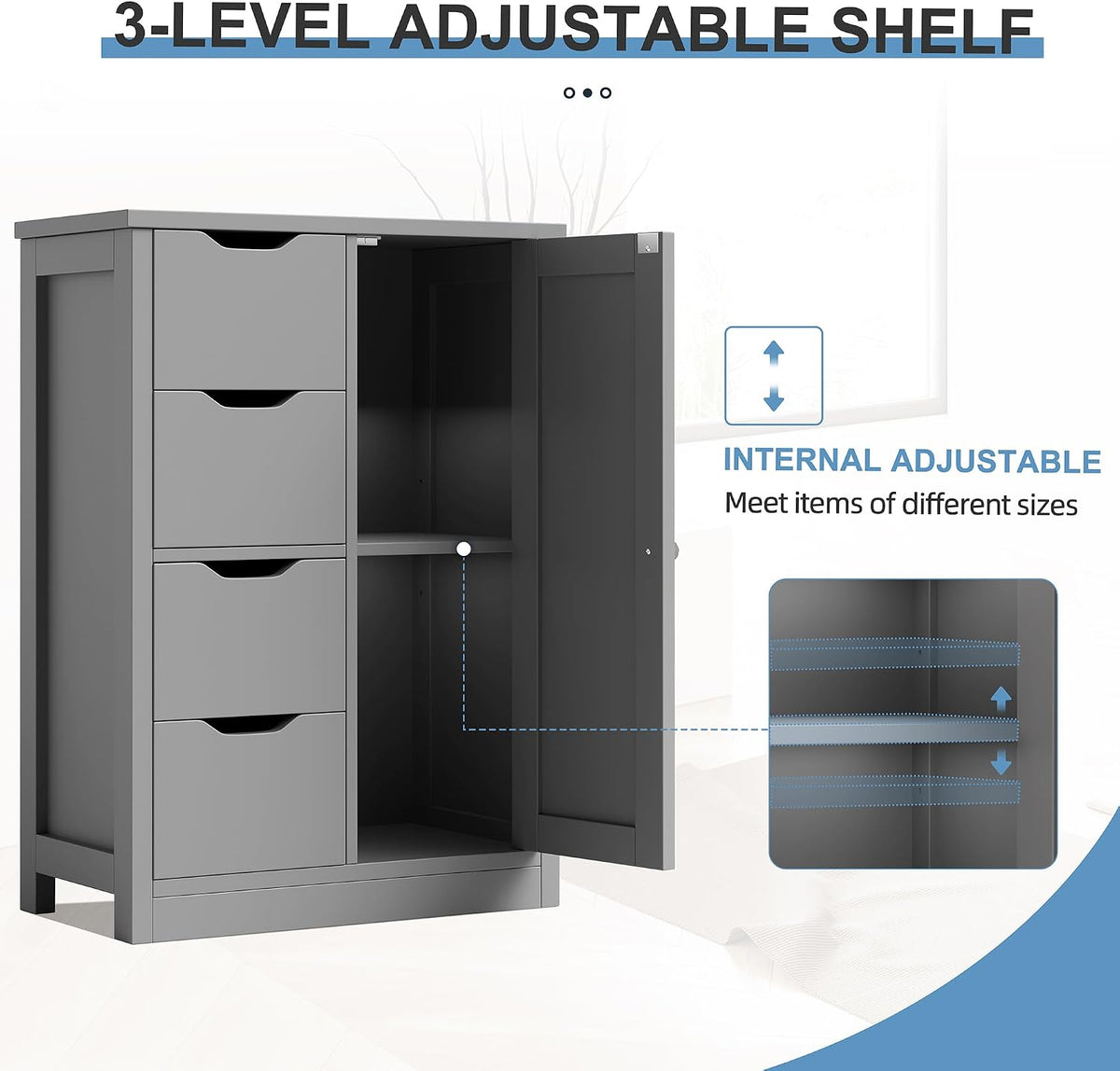 Shintenchi Bathroom Small Floor Storage Cabinet with 4 Drawers, Gray