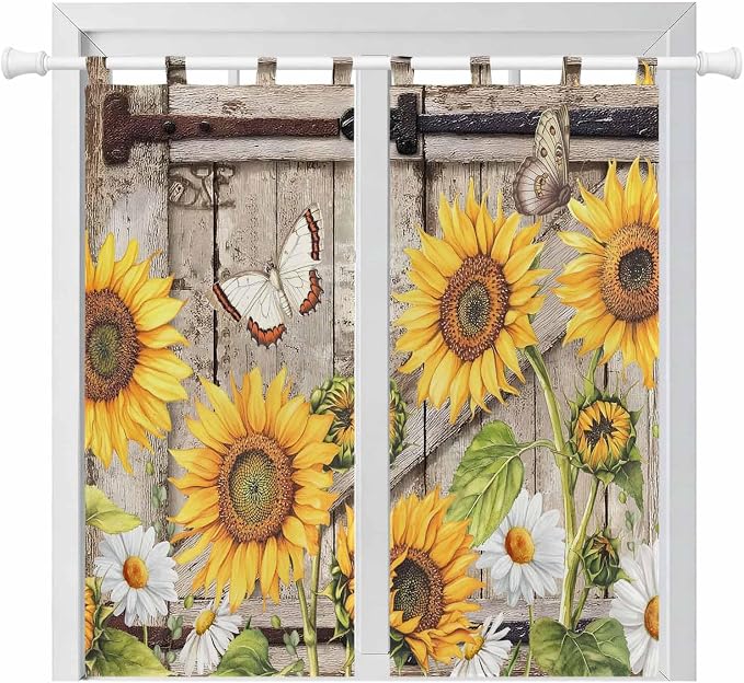 Farmhouse Sunflowers Bathroom Curtains 63 Inch Length, Window Curtains Tab Top