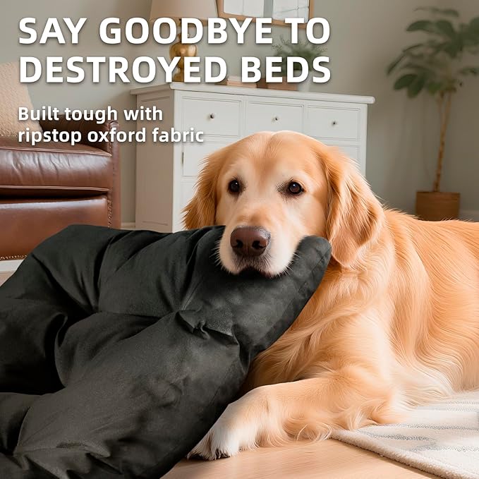 Chew Resistant Dog Bed for Extra Large Dogs - Durable 47"x29" Kennel Pad with Soft Plush Filling, Machine Washable Crate Mat for Aggressive Chewers, Indoor Outdoor Pet Bed, Black