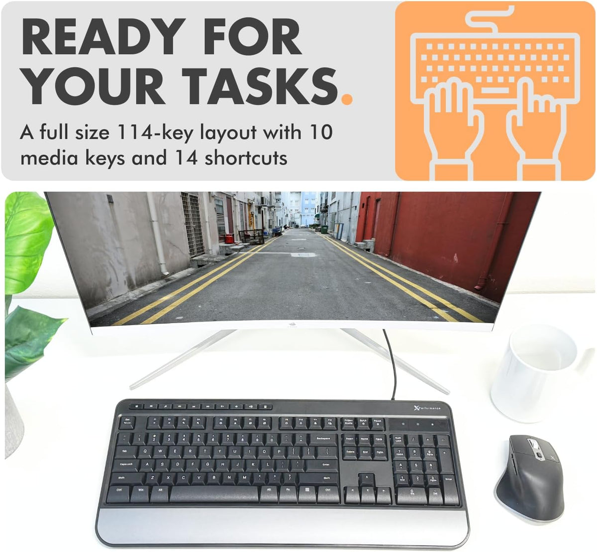 X9 Wired Ergonomic Keyboard - Comfortable Typing - Ergonomic Full Size USB Keyboard with Wrist Rest, Number Pad, Multimedia and 114 Keys - External Computer Keyboard for Laptop, Desktop and Office PC