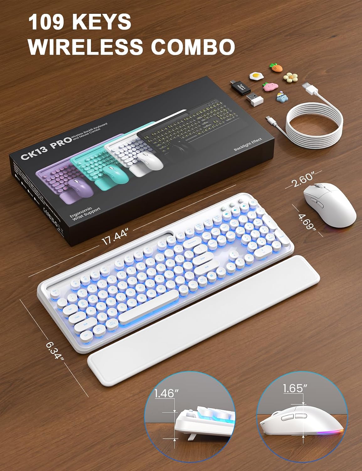 Wireless Keyboard and Mouse, Backlit Typewriter with Magnetic Wrist Rest