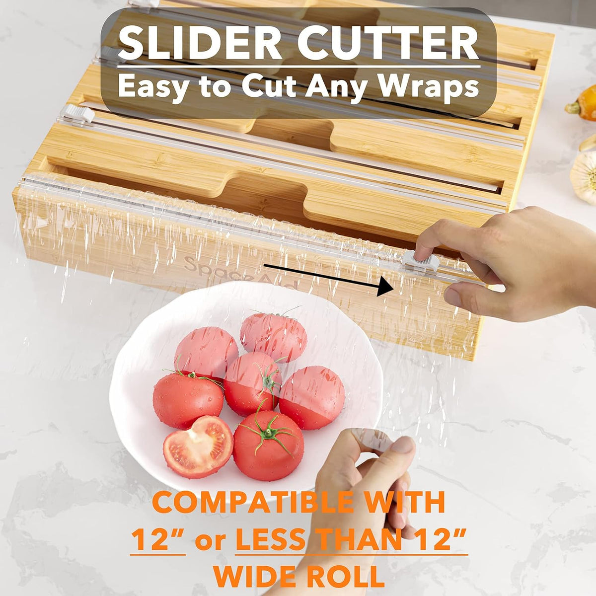 SpaceAid WrapNeat 4 in 1 Wrap Organizer with Cutter and Labels, Plastic Wrap, Aluminum Foil and Wax Bamboo Dispenser for Kitchen Storage Organization Holder for 12" Roll (Natural, 4-Slot)
