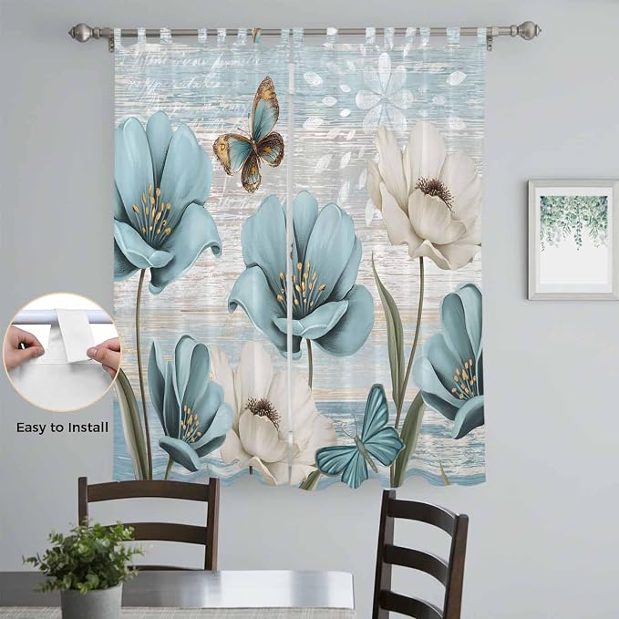 Spring Floral Living Room Curtains 84 Inch Length, Window Curtains Tab Top